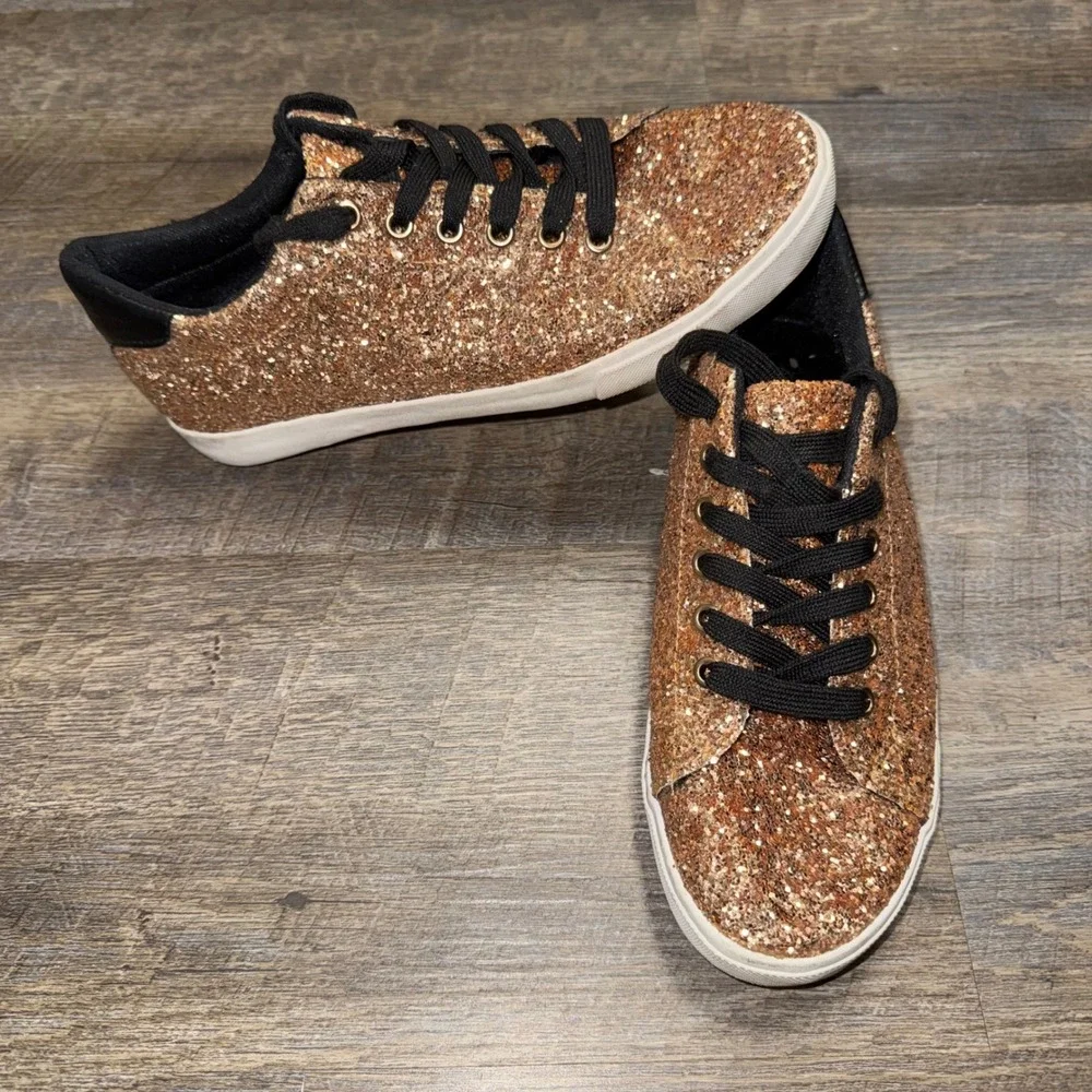 Ideal Shoes Womens Rose Gold Glitter Sneakers Low Top Lace Up Sparkly Shoes 10.5
